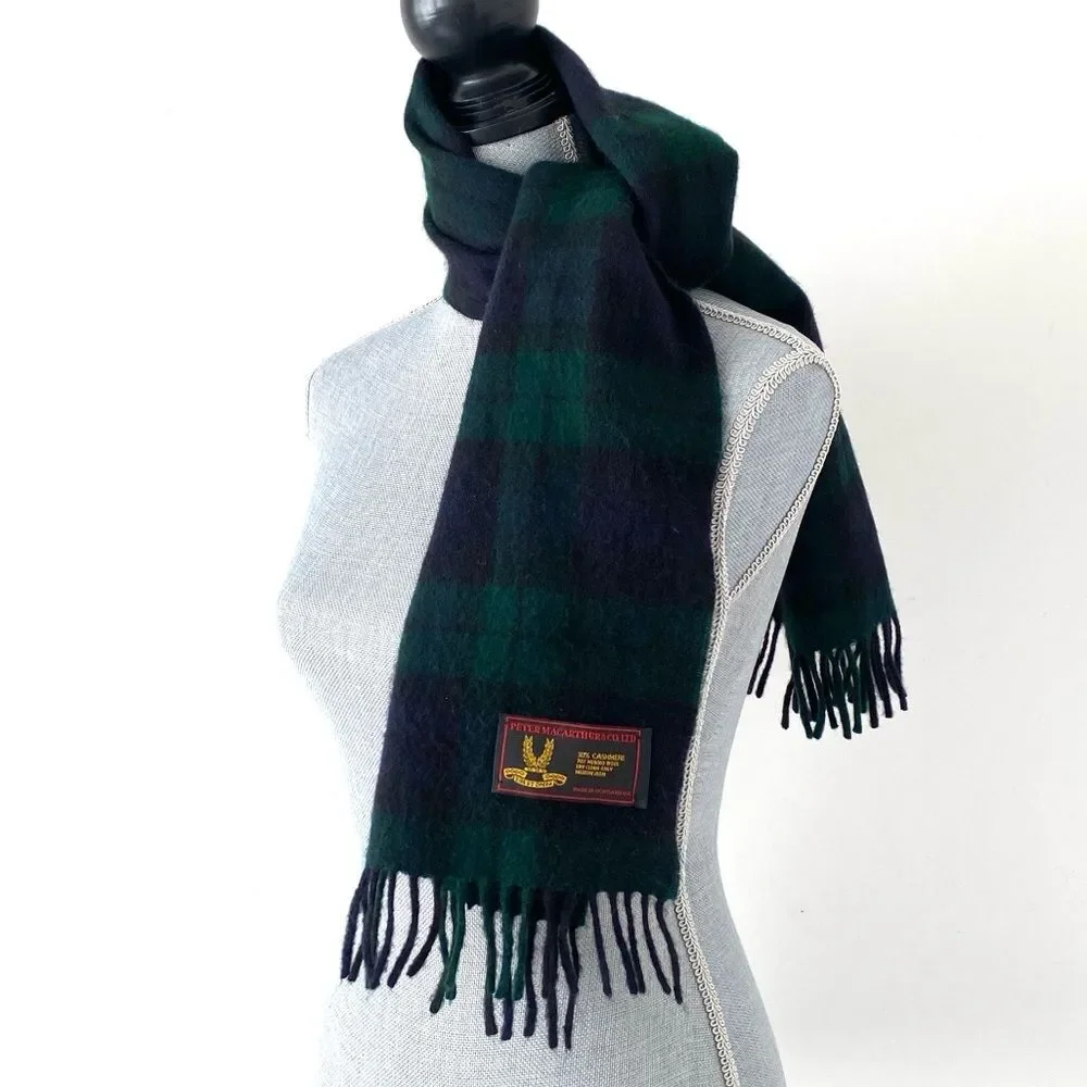 Peter MacArthur & Co. Plaid Tartan Cashmere Wool Scarf Black & Green Preppy Chic
